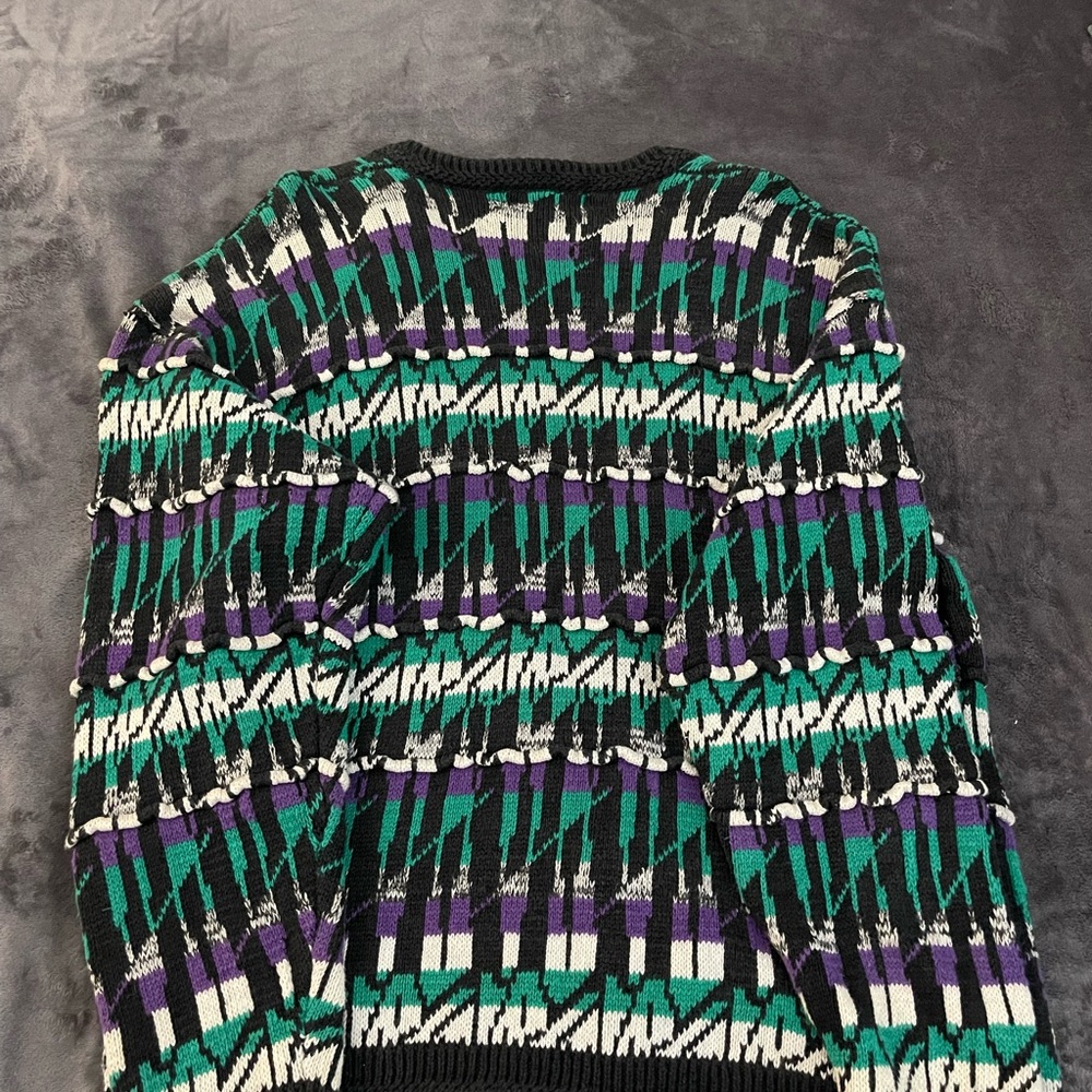 Vibrant Geometric Cardigan Sweater - Black, Green, Purple - Picture 3 of 5